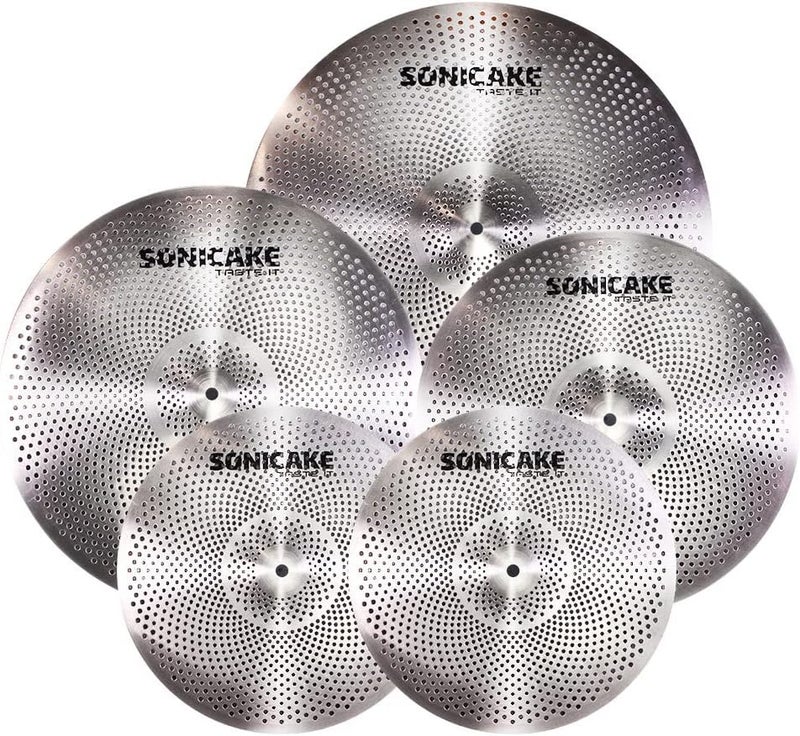 SONICAKE Low Volume Cymbal Pack Quiet Cymbal Set 14" Hi-Hat+16" Crash+18" Crash+20" Ride Cymbal Practice Set of 5pcs Silver - Image 1